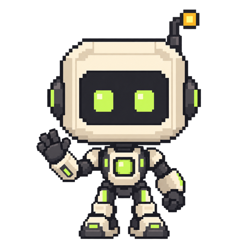 Pix, the friendly ivory and lime pixel robot keeper