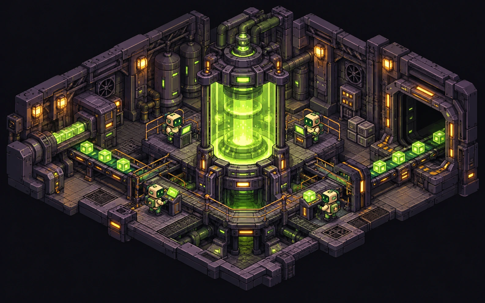 An isometric pixel station with a glowing green reactor, tiny robot workers, terminals and a cargo bay